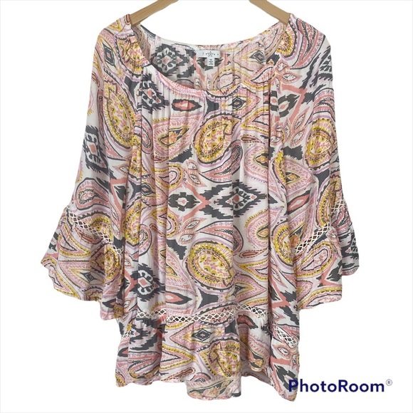 FEVER Bell Sleeve Boho Peasant Blouse Southwest Aztec 1X Lightweight Rayon - Picture 2 of 11